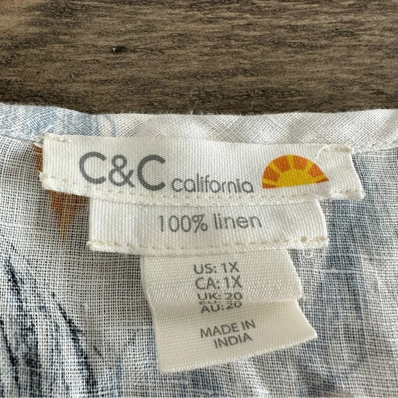 C&C California Women’s 1X 100% Linen Tropical Floral Short Sleeve Blouse Top - Picture 2 of 5